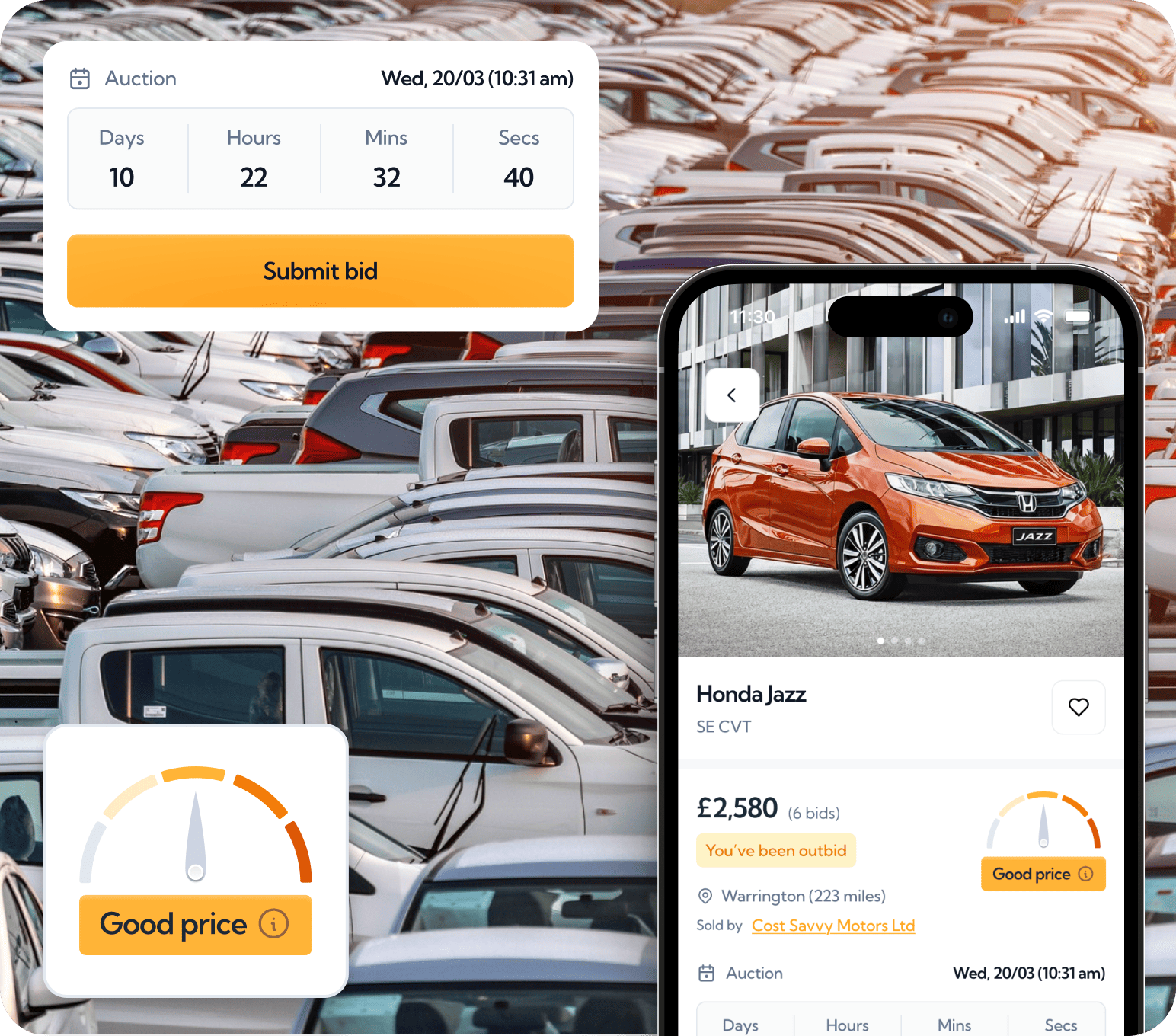 Trader.co.uk car auction platform on mobile with auction listings